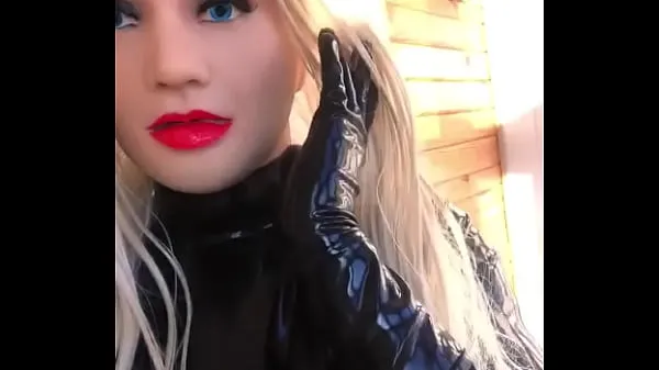 Video caldi Male to Rubber Doll Crossdresser in Female Mask and Latex Catsuit caldi
